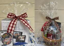 Two of the many raffle gift baskets