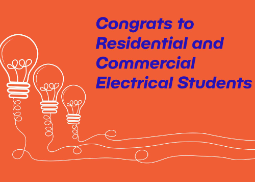 Line art of Light Bulbs with the words Congrats to Residential and Commercial Electrical Students