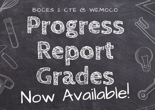CTE tool graphic with chalkboard background that states grades now available