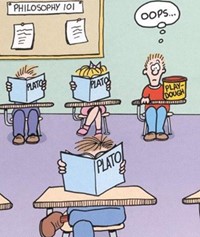 Cartoon illustrating hearing "PlayDough" instead of "Plato"